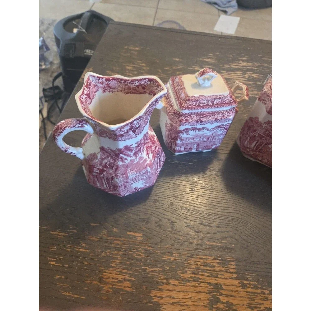 Mason's Vista Pink Ironstone Tea Set Teapot Sugar Creamer Pitcher England
